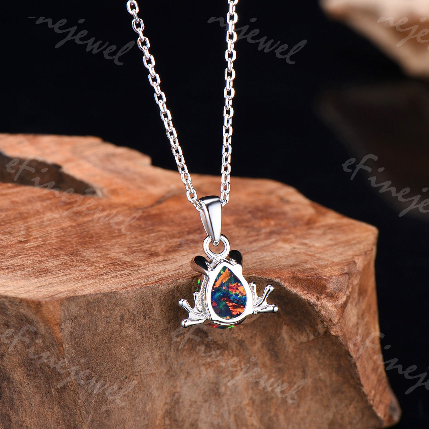 Pear Cut Black Opal Frog Jewelry Set Silver Animal Inspired Ring Necklace Stud Earrings