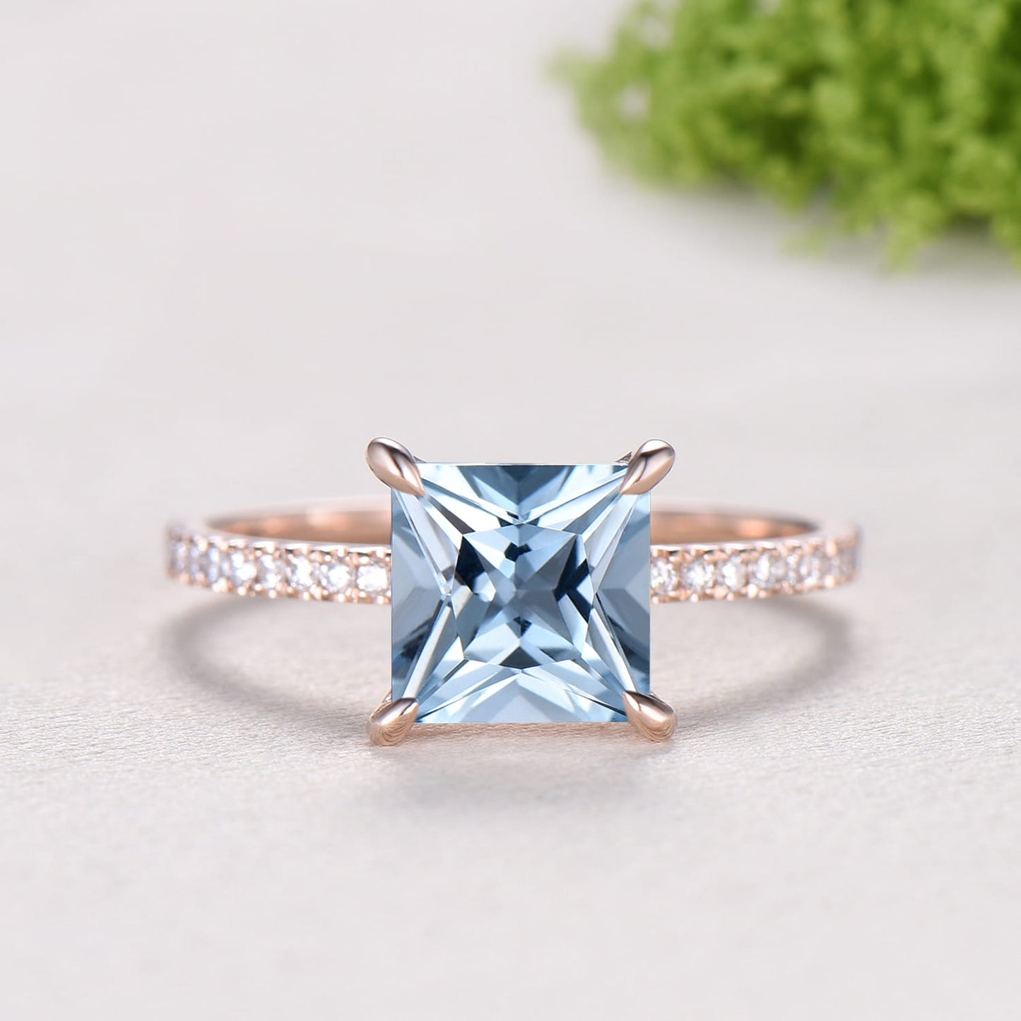 2 Carat Princess Cut Natural Aqumarine Engagement Ring Set, 14K Rose Gold March Birthstone Wedding Set, Art Deco Anniversary Jewelry Gift