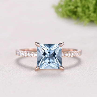 2 Carat Princess Cut Natural Aqumarine Engagement Ring Set, 14K Rose Gold March Birthstone Wedding Set, Art Deco Anniversary Jewelry Gift
