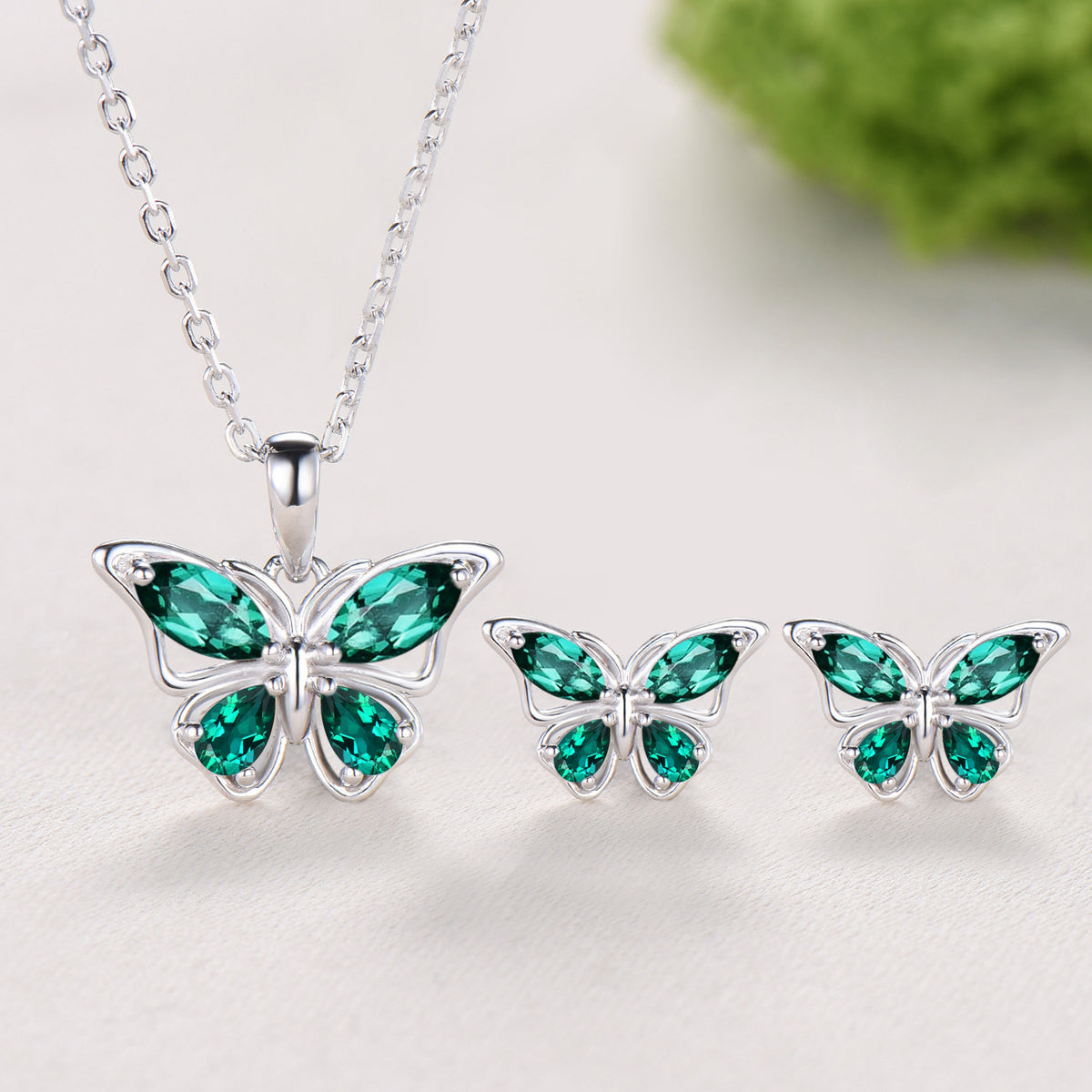 Elegant Marquise Pear Emerald Butterfly Necklace,Emerald Butterfly Stud Earrings, Jewelry Set For Women