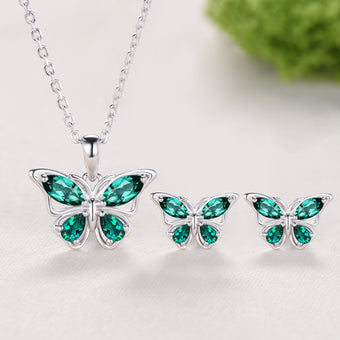 Elegant Marquise Pear Emerald Butterfly Necklace,Emerald Butterfly Stud Earrings, Jewelry Set For Women