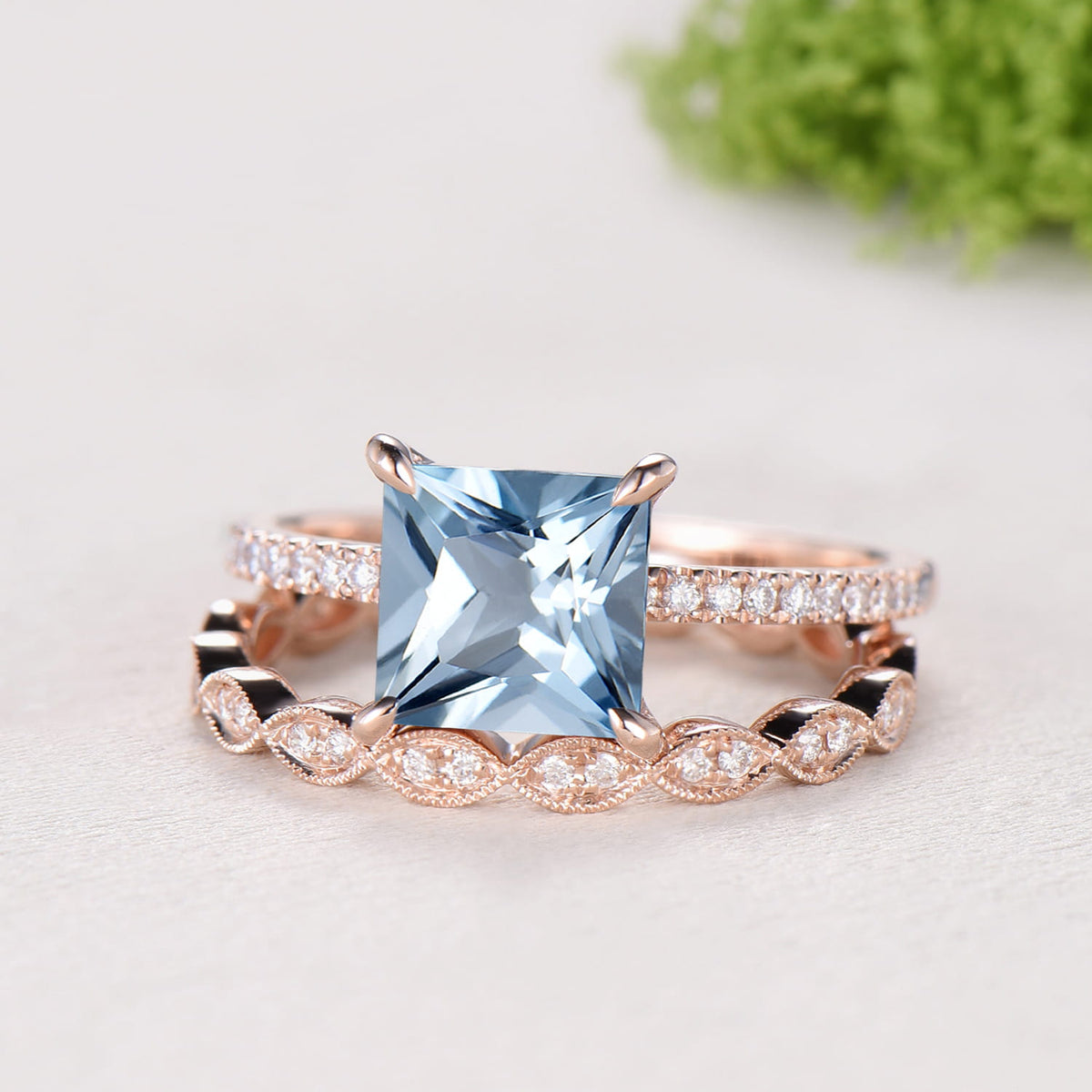 2 Carat Princess Cut Natural Aqumarine Engagement Ring Set, 14K Rose Gold March Birthstone Wedding Set, Art Deco Anniversary Jewelry Gift