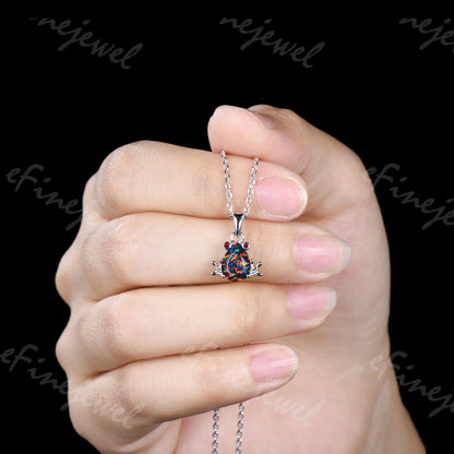 Pear Cut Black Opal Frog Jewelry Set Silver Animal Inspired Ring Necklace Stud Earrings