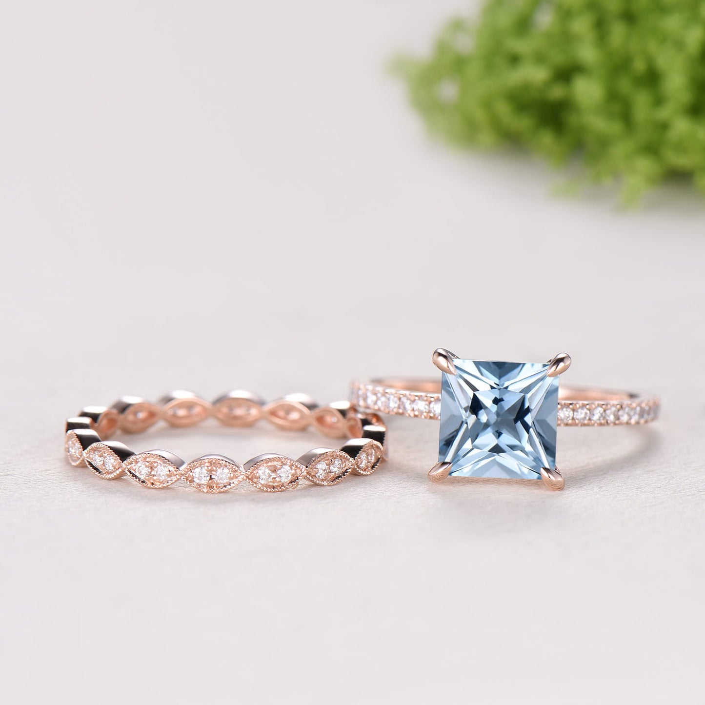 2 Carat Princess Cut Natural Aqumarine Engagement Ring Set, 14K Rose Gold March Birthstone Wedding Set, Art Deco Anniversary Jewelry Gift