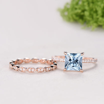 2 Carat Princess Cut Natural Aqumarine Engagement Ring Set, 14K Rose Gold March Birthstone Wedding Set, Art Deco Anniversary Jewelry Gift