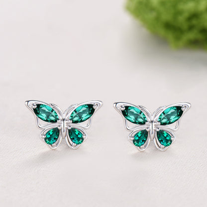 Elegant Marquise Pear Emerald Butterfly Necklace,Emerald Butterfly Stud Earrings, Jewelry Set For Women