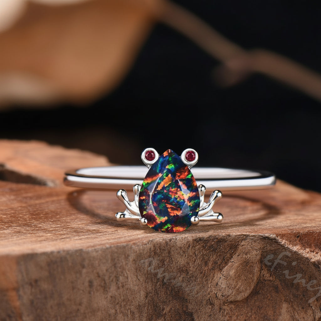Pear Cut Black Opal Frog Jewelry Set Silver Animal Inspired Ring Necklace Stud Earrings
