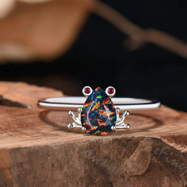 Pear Cut Black Opal Frog Jewelry Set Silver Animal Inspired Ring Necklace Stud Earrings