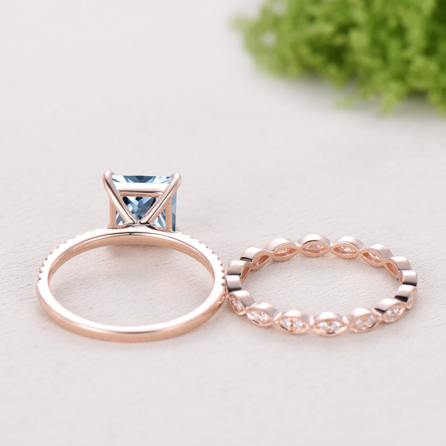 2 Carat Princess Cut Natural Aqumarine Engagement Ring Set, 14K Rose Gold March Birthstone Wedding Set, Art Deco Anniversary Jewelry Gift
