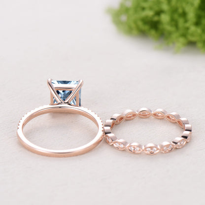 2 Carat Princess Cut Natural Aqumarine Engagement Ring Set, 14K Rose Gold March Birthstone Wedding Set, Art Deco Anniversary Jewelry Gift