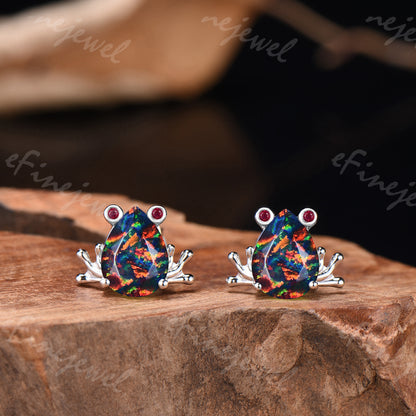 Pear Cut Black Opal Frog Jewelry Set Silver Animal Inspired Ring Necklace Stud Earrings