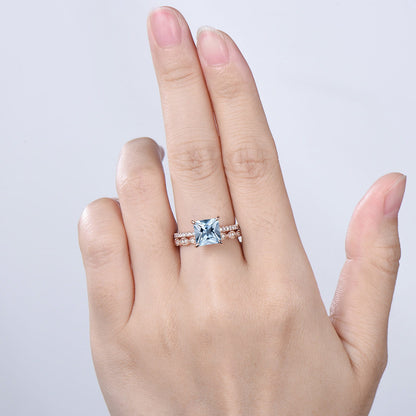 2 Carat Princess Cut Natural Aqumarine Engagement Ring Set, 14K Rose Gold March Birthstone Wedding Set, Art Deco Anniversary Jewelry Gift