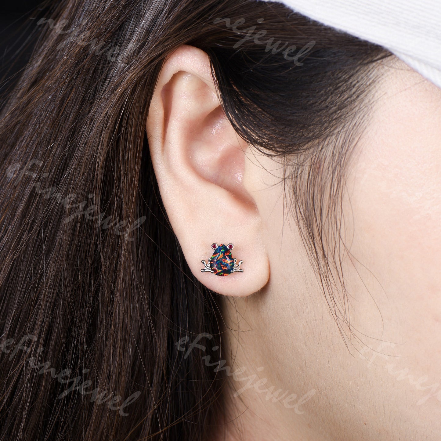 Pear Cut Black Opal Frog Jewelry Set Silver Animal Inspired Ring Necklace Stud Earrings