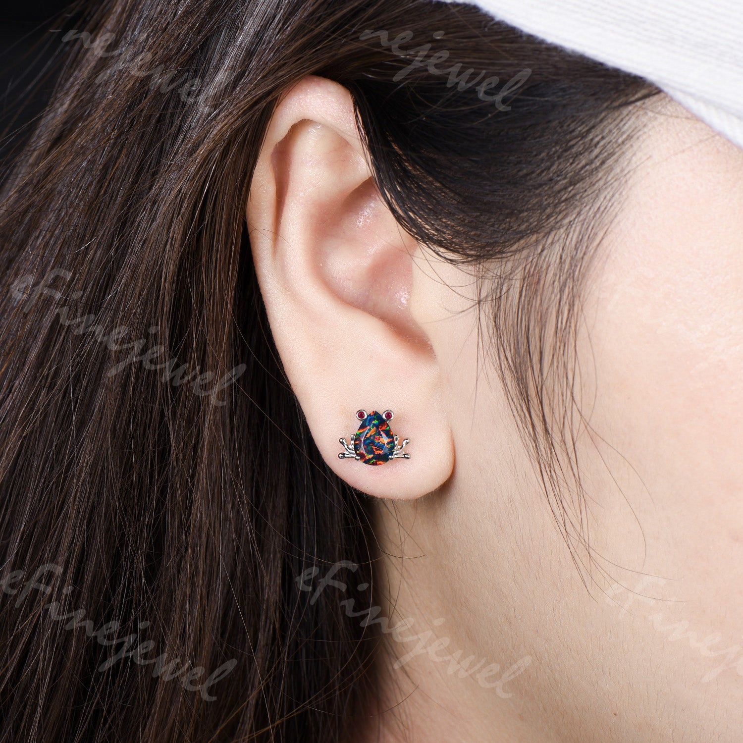 Pear Cut Black Opal Frog Jewelry Set Silver Animal Inspired Ring Necklace Stud Earrings