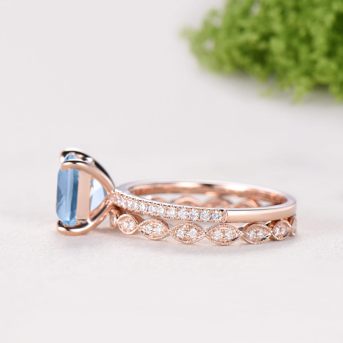 2 Carat Princess Cut Natural Aqumarine Engagement Ring Set, 14K Rose Gold March Birthstone Wedding Set, Art Deco Anniversary Jewelry Gift