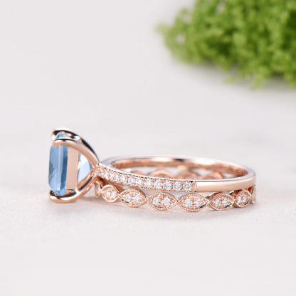 2 Carat Princess Cut Natural Aqumarine Engagement Ring Set, 14K Rose Gold March Birthstone Wedding Set, Art Deco Anniversary Jewelry Gift