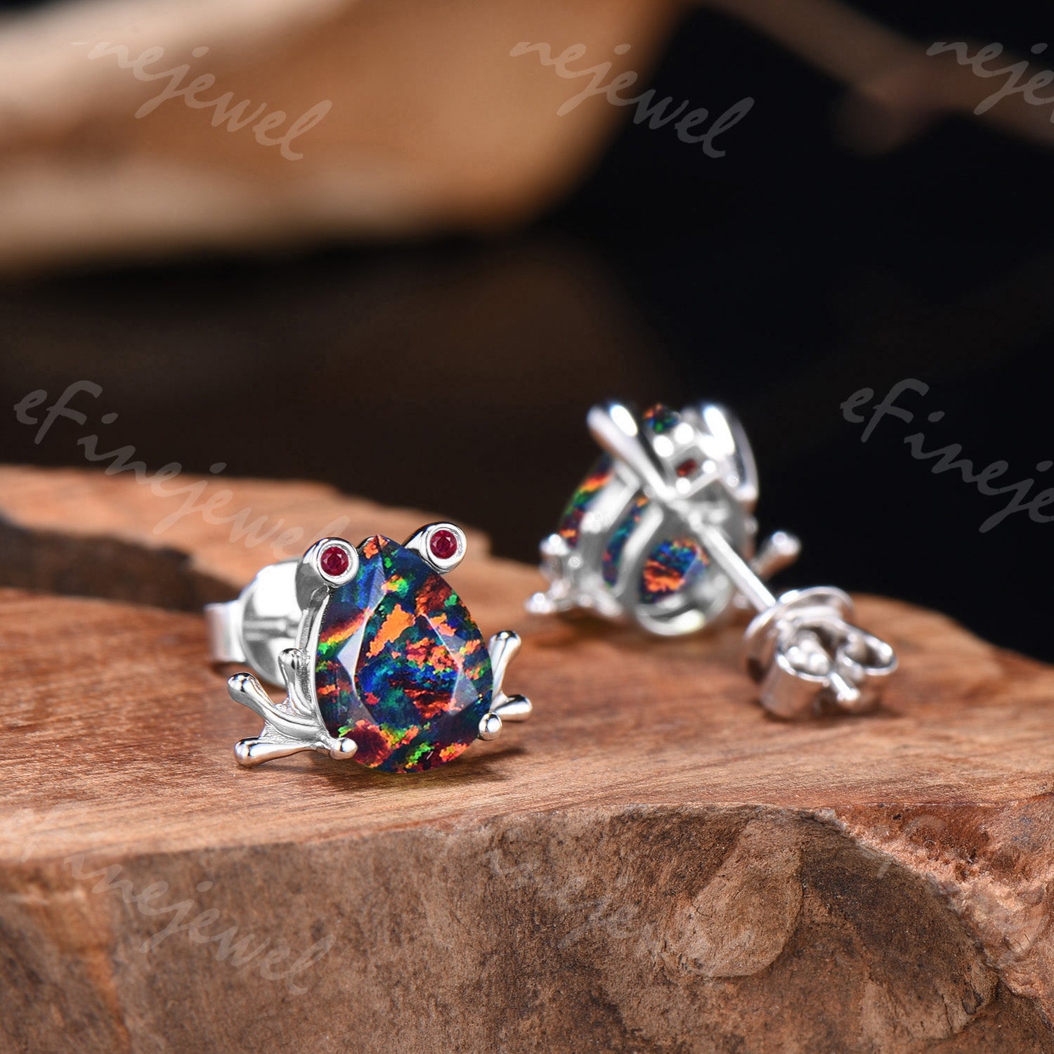 Pear Cut Black Opal Frog Jewelry Set Silver Animal Inspired Ring Necklace Stud Earrings