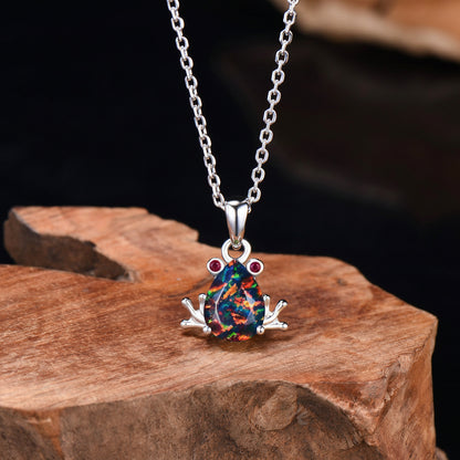 Pear Cut Black Opal Frog Jewelry Set Silver Animal Inspired Ring Necklace Stud Earrings