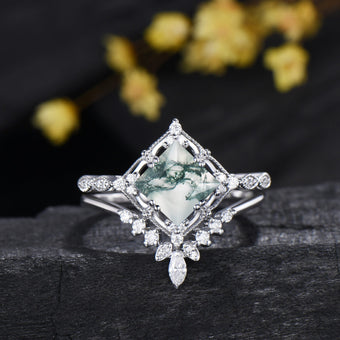 Princess Cut Natural Moss Agate Engagement Ring Moissanite Art Deco Bridal Ring Set