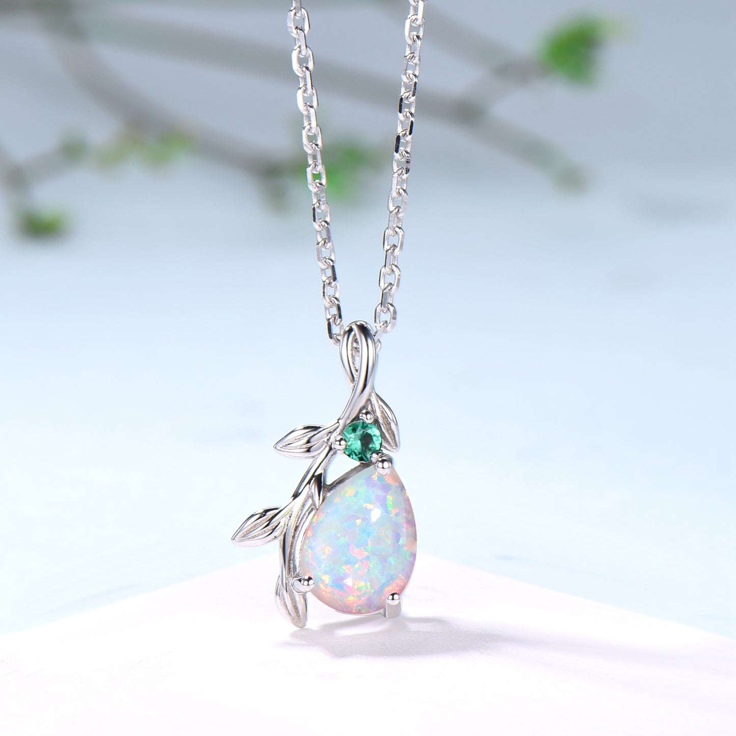 Natural Inspired White Opal Pendant Necklace fire opal leaf branch necklace elegant twisted pendant mom October birthstone anniversary gifts - PENFINE
