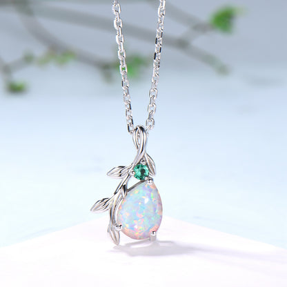 Natural Inspired White Opal Pendant Necklace fire opal leaf branch necklace elegant twisted pendant mom October birthstone anniversary gifts - PENFINE