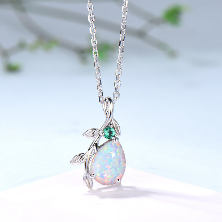 Natural Inspired White Opal Pendant Necklace fire opal leaf branch necklace elegant twisted pendant mom October birthstone anniversary gifts - PENFINE