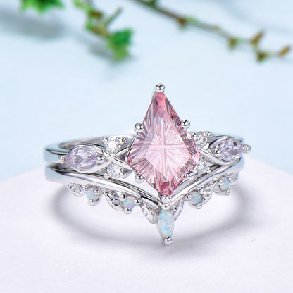 Kite Shaped Fantasy Cut Padparadscha Sapphire Bridal Ring Set Opal Curved Band