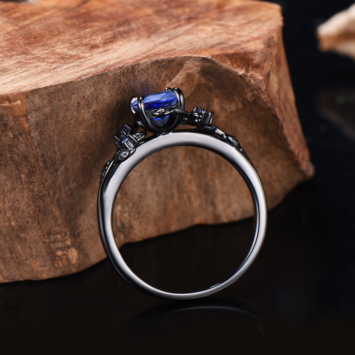 Black gold plated sapphire wedding ring set Gothic silver promise ring