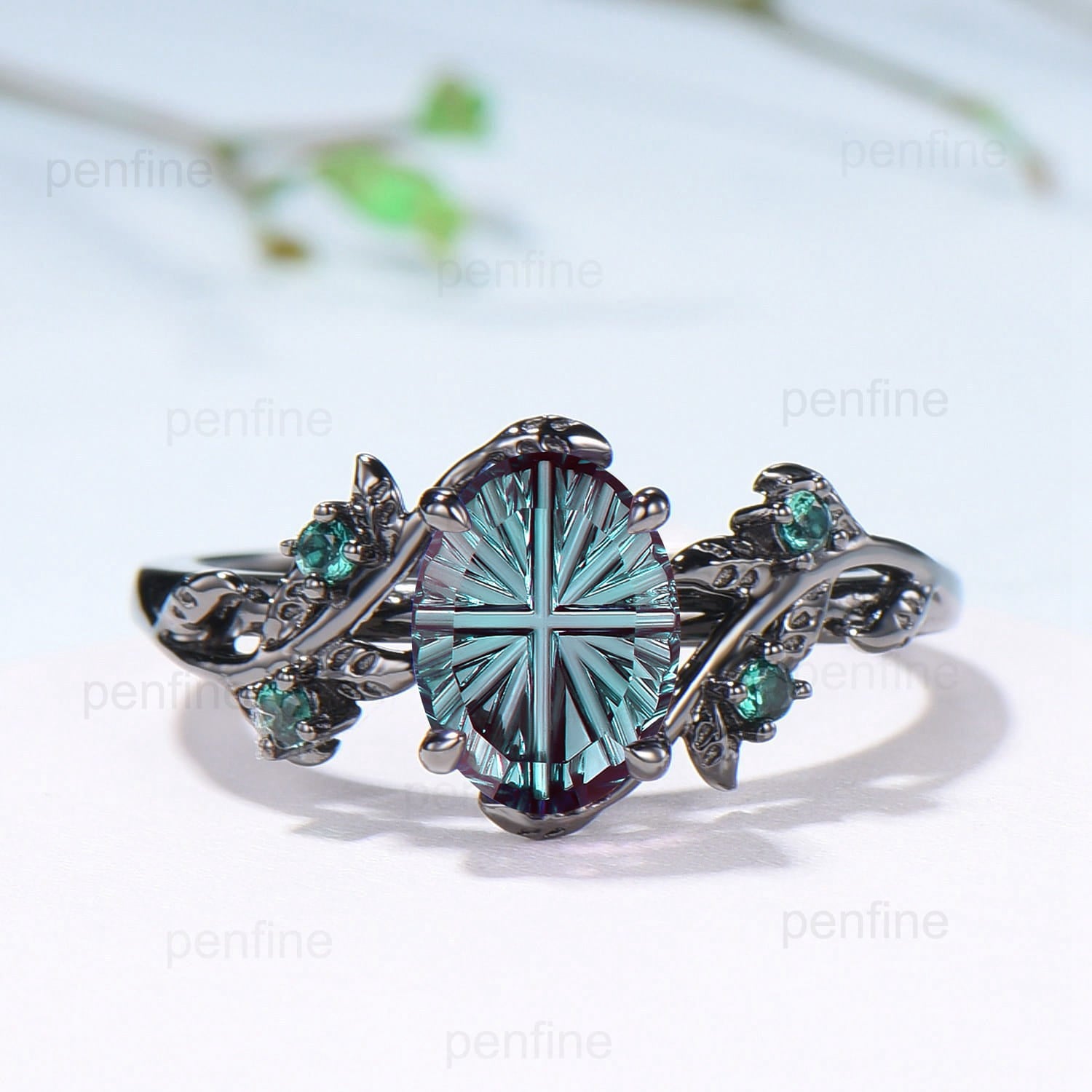Black Gold Oval Starbrite Alexandrite Engagement Ring Set Nature Inspired Twig Vine Emerald Wedding Bridal Set