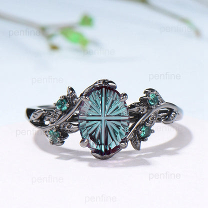 Black Gold Oval Starbrite Alexandrite Engagement Ring Set Nature Inspired Twig Vine Emerald Wedding Bridal Set