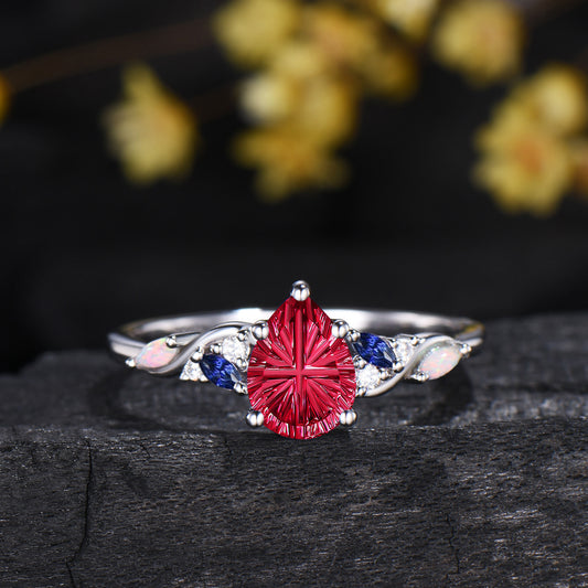 Pear Shaped Fantasy Cut Ruby Engagement Ring,Saphhire Opal Cluster Wedding Ring