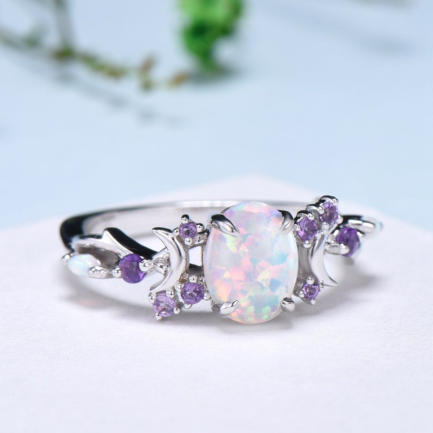 Unique Black Gold Oval Opal Engagement Ring Vintage Opal Moon Engagement Ring Branch Cluster Amethyst Wedding Ring Promise Gift For Women - PENFINE