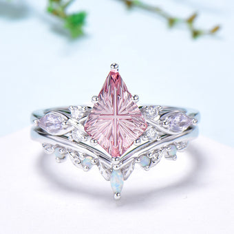 Kite Shaped Fantasy Cut Padparadscha Sapphire Bridal Ring Set Opal Curved Band