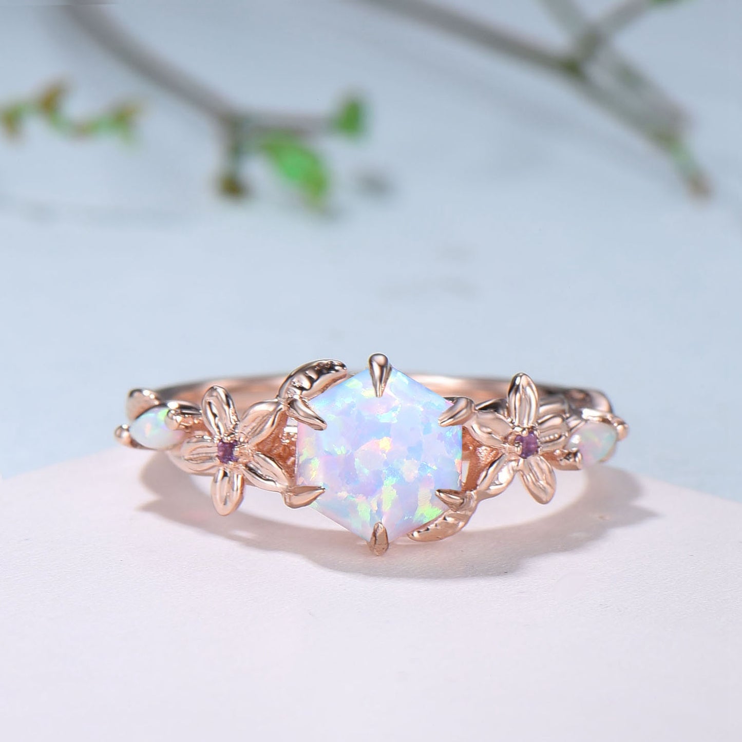 Flower white opal engagement ring set Nature Inspired hexagon fire opal amethyst wedding ring for women vintage cluster leaf bridal set - PENFINE
