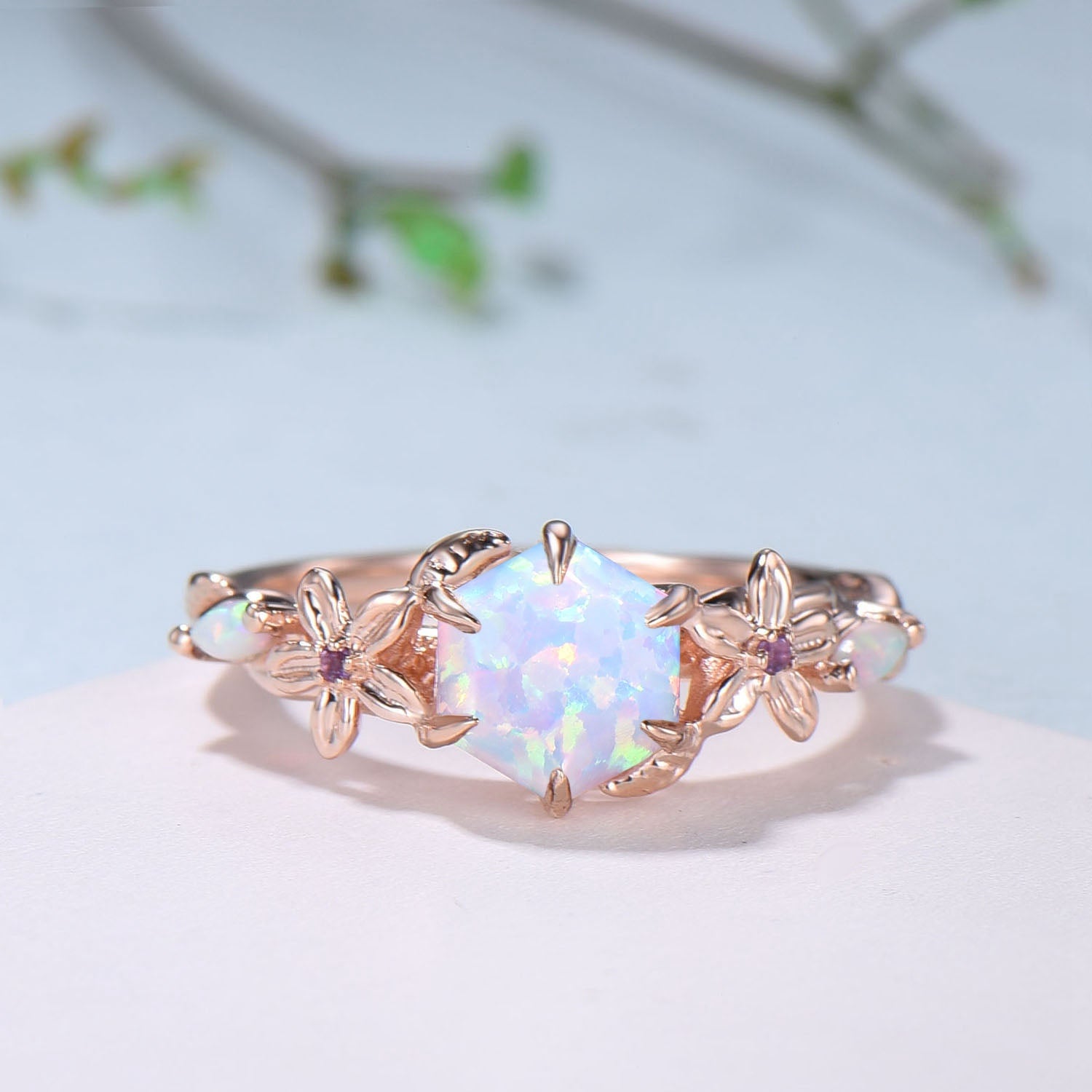 Flower white opal engagement ring set Nature Inspired hexagon fire opal amethyst wedding ring for women vintage cluster leaf bridal set - PENFINE