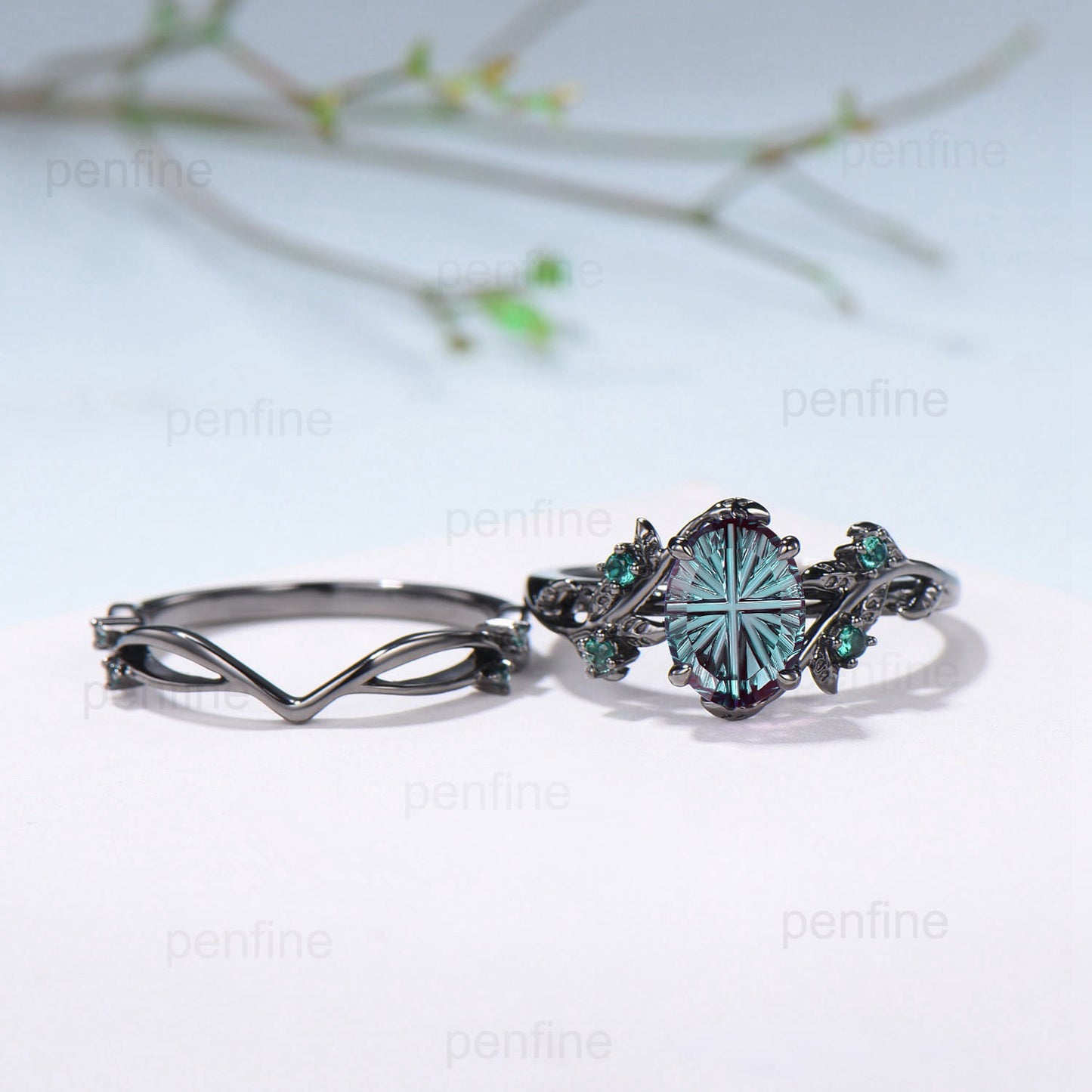 Black Gold Oval Starbrite Alexandrite Engagement Ring Set Nature Inspired Twig Vine Emerald Wedding Bridal Set
