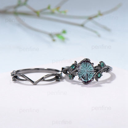 Black Gold Oval Starbrite Alexandrite Engagement Ring Set Nature Inspired Twig Vine Emerald Wedding Bridal Set