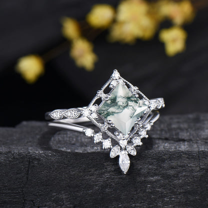 Princess Cut Natural Moss Agate Engagement Ring Moissanite Art Deco Bridal Ring Set