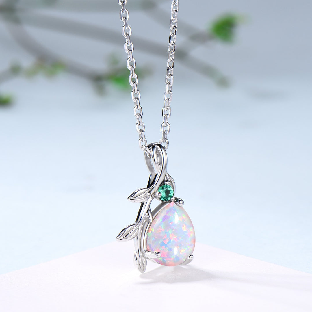 Natural Inspired White Opal Pendant Necklace fire opal leaf branch necklace elegant twisted pendant mom October birthstone anniversary gifts - PENFINE