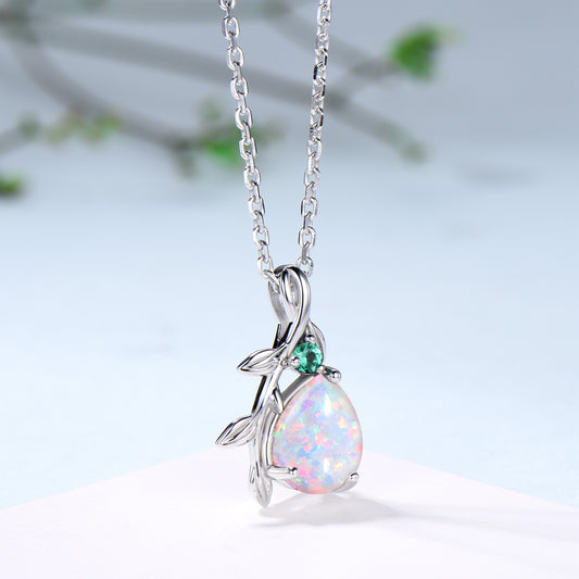 Natural Inspired White Opal Pendant Necklace fire opal leaf branch necklace elegant twisted pendant mom October birthstone anniversary gifts - PENFINE