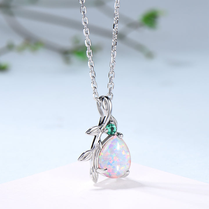 Natural Inspired White Opal Pendant Necklace fire opal leaf branch necklace elegant twisted pendant mom October birthstone anniversary gifts - PENFINE