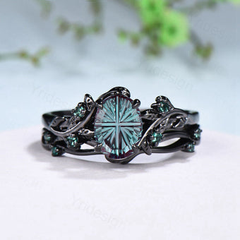 Black Gold Oval Starbrite Alexandrite Engagement Ring Set Nature Inspired Twig Vine Emerald Wedding Bridal Set
