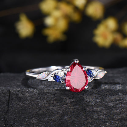 Pear Shaped Fantasy Cut Ruby Engagement Ring,Saphhire Opal Cluster Wedding Ring