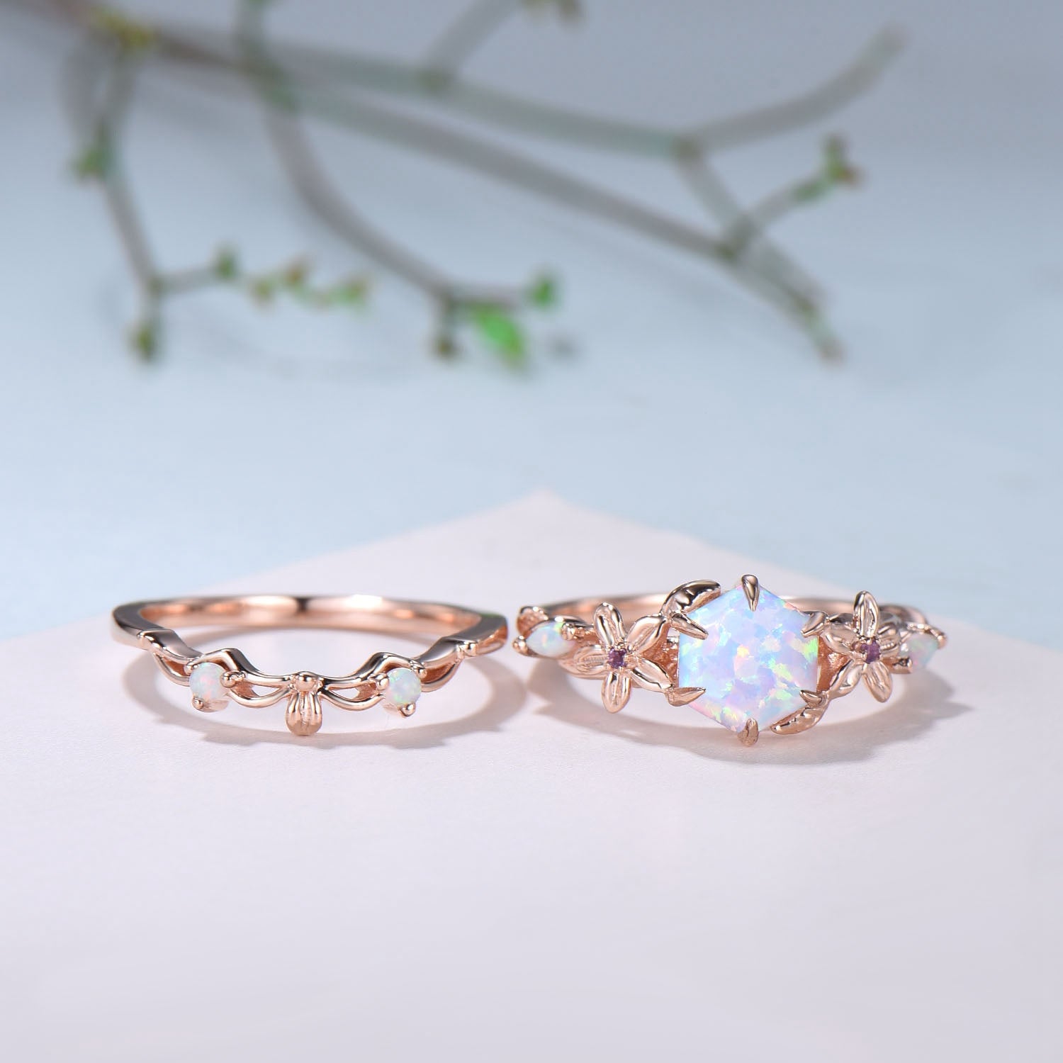 Flower white opal engagement ring set Nature Inspired hexagon fire opal amethyst wedding ring for women vintage cluster leaf bridal set - PENFINE