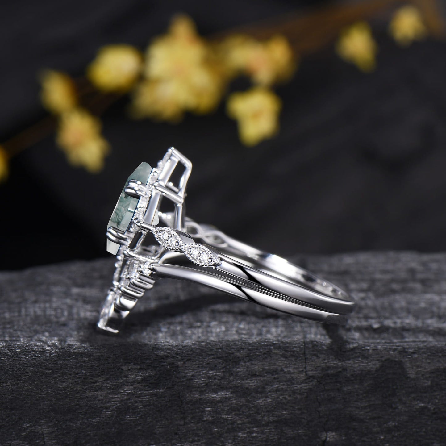 Princess Cut Natural Moss Agate Engagement Ring Moissanite Art Deco Bridal Ring Set