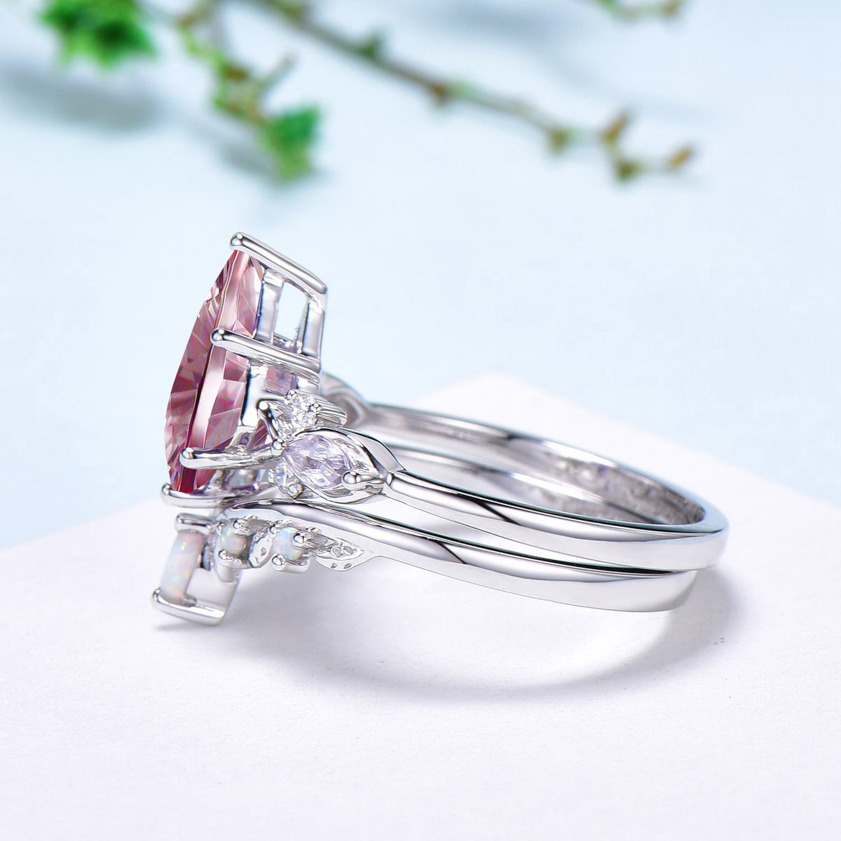 Kite Shaped Fantasy Cut Padparadscha Sapphire Bridal Ring Set Opal Curved Band