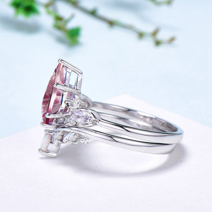 Kite Shaped Fantasy Cut Padparadscha Sapphire Bridal Ring Set Opal Curved Band