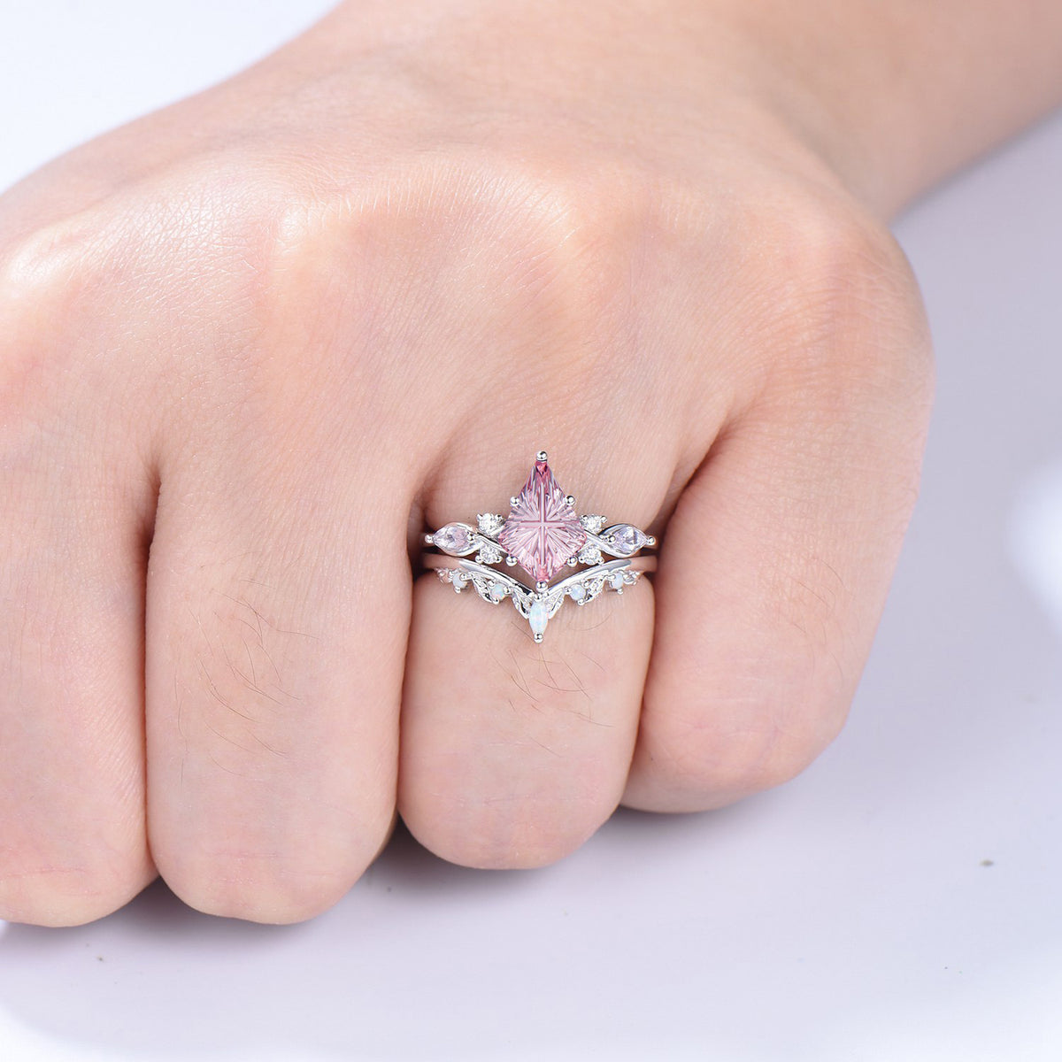 Kite Shaped Fantasy Cut Padparadscha Sapphire Bridal Ring Set Opal Curved Band