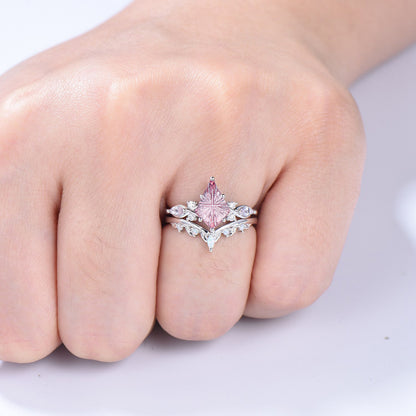Kite Shaped Fantasy Cut Padparadscha Sapphire Bridal Ring Set Opal Curved Band