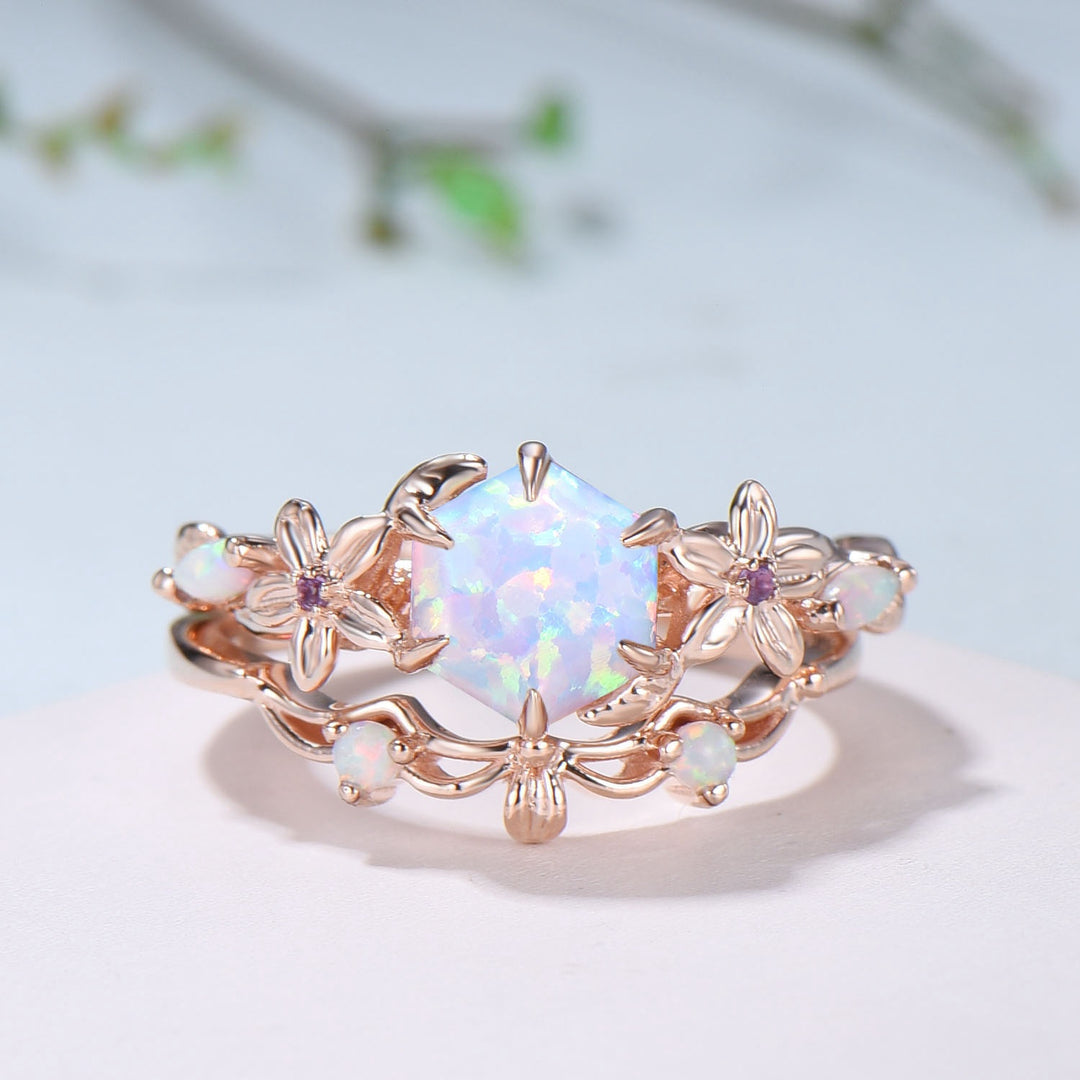 Flower white opal engagement ring set Nature Inspired hexagon fire opal amethyst wedding ring for women vintage cluster leaf bridal set - PENFINE